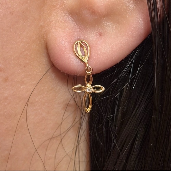 14K Yellow Gold Cross Drop Earrings CZ Diamond Accent 1.2g Real Gold New - Picture 4 of 5